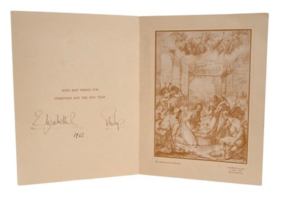 Lot 37 - H.M.Queen Elizabeth II and H.R.H.The Duke of Edinburgh, scarce signed 1963 Christmas card with gilt embossed Royal  cyphers to cover, sepia print of  'The Adoration of the Shepherds' signed in ink...