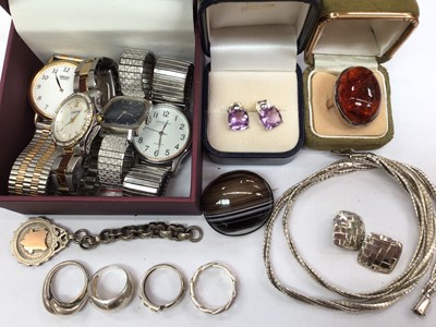 Lot 351 - Silver and amber dress ring, various silver jewellery, wristwatches and costume jewellery