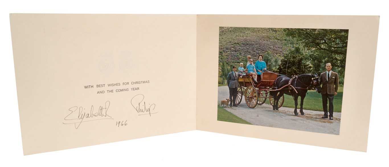 Lot 40 - H.M.Queen Elizabeth II and H.R.H.The Duke of Edinburgh, scarce signed 1966 Christmas card with gilt embossed Royal cyphers to cover, photograph of the Royal Family in a horse and trap, signed in in...