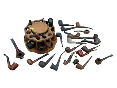 Lot 2666 - Collection of assorted pipes together with a revolving pipe rack, (1 box).