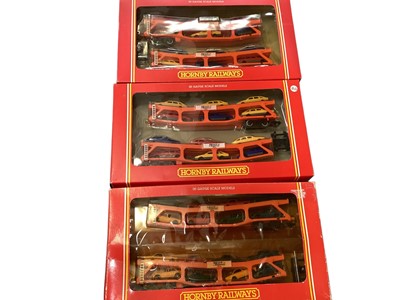 Lot 1791 - Railway Hornby Freightliner (x2), boxed (No Track & Accessories) R873, Provincial Railways Class 155 Super Sprinter R2162B, Three Car Transporters R018 (x3) R666, all boxed (qty)