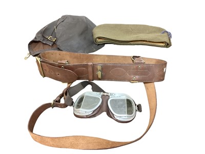 Lot 853 - Group of Militaria to include Sam Browne belt, flying goggles, leather flying helmet and other items, (1 box).