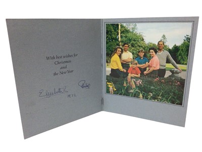 Lot 42 - H.M.Queen Elizabeth II and H.R.H. The Duke of Edinburgh, signed 1972 Christmas card with twin gilt embossed Royal Cyphers to cover, colour photograph of The Royal Family in a garden, signed in ink...