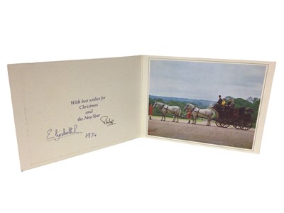 Lot 44 - H.M.Queen Elizabeth II and H.R.H. The Duke of Edinburgh, signed 1974 Christmas card with twin gilt embossed Royal Cyphers to cover, colour photograph of The Royal Family on a carriage , signed in i...