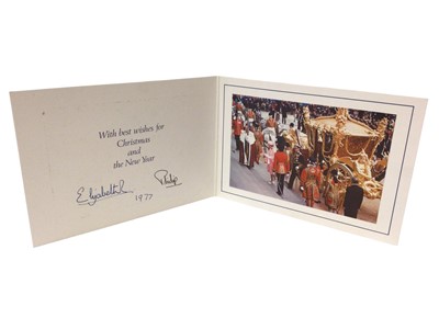 Lot 45 - H.M.Queen Elizabeth II and H.R.H. The Duke of Edinburgh, signed 1972 Christmas card with twin gilt embossed Royal Cyphers to cover, colour photograph of The Royal Family in a garden, signed in ink...