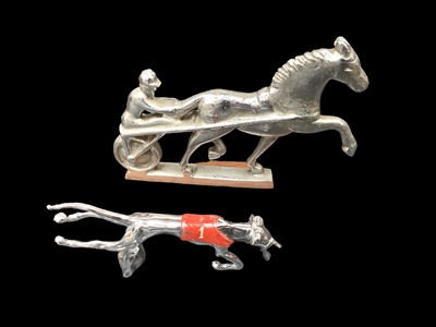 Lot 2166 - Desmo chromium plated car mascot formed as a running Greyhound, with painted red jersey with number 1, together with another mascot of a horse, mounted on wooden base, (2).