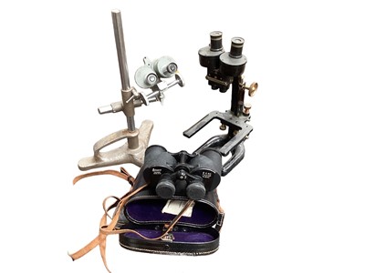 Lot 2442 - Two binocular microscopes and a pair of binoculars (3)