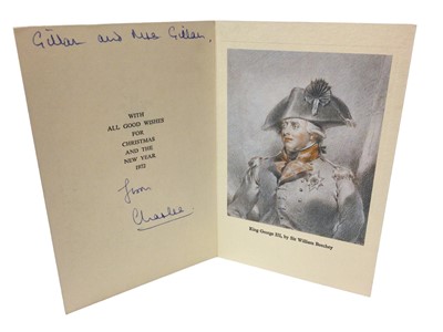 Lot 49 - H.R.H.Prince Charles The Prince of Wales (now H.M.King Charles III), scarce signed and inscribed 1969 Christmas card with gilt embossed Prince of Wales feather crest to cover, print of King George...
