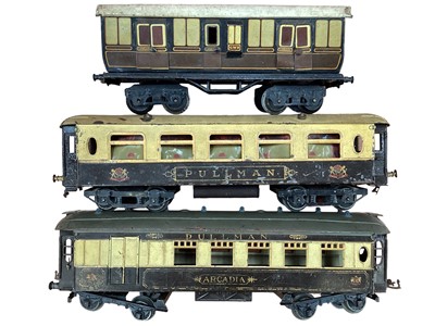 Lot 1766 - Railway O gauge selection of carriages, rolling stock and wagons, plus a tinplate No1 signal cabin, boxed, Timber Wagon No2 RS683, also boxed (Qty)