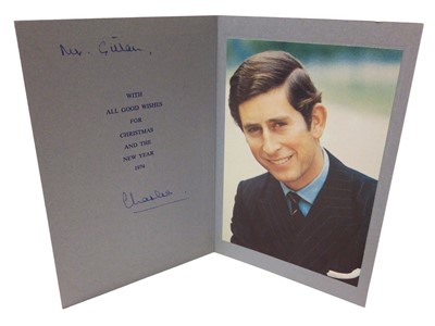 Lot 51 - H.R.H.Prince Charles The Prince of Wales (now H.M.King Charles III), scarce signed and inscribed 1974 Christmas card with blue printed Prince of Wales feather crest to cover, photograph of the Pri...