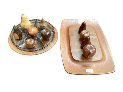 Lot 2449 - Danish 'Dansk' lazy Susan with glass hors d'oeuvres set, with matching tray, and a collection of carved wooden fruit