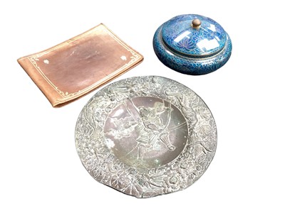 Lot 2450 - Japanese cloisonné bowl and cover, a tribal carved wooden bowl, a leather wallet and a Japanese relief metal dish (4)