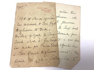 Lot 78 - Victorian Royal Lady in waiting letter dated 1895 York Cottage, Sandringham