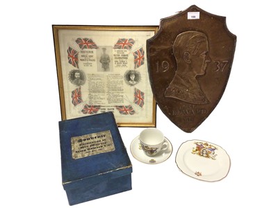 Lot 199 - H.M.King Edward VIII souvenir china in box, copper fronted shield and earlier silk in frame (3)