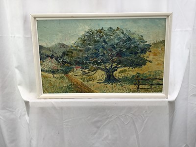 Lot 141 - Mid 20th century oil on board - Mediterranean Landscape, a coastal scene verso, framed