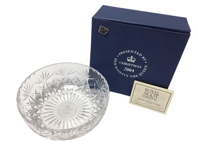 Lot 57 - H.M.Queen Elizabeth II, Royal Household Christmas present 2004 of cut Royal Scot Crystal bowl with engraved inscription ' Presented by Her Majesty The Queen Christmas 2004' in original box with Roy...