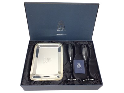 Lot 60 - H.M.Queen Elizabeth II, 2007 Royal Household Christmas gift of a pair glass champagne flutes and silver plated tray each engraved with Royal cyphers in original box with Royal cypher to lid with ca...