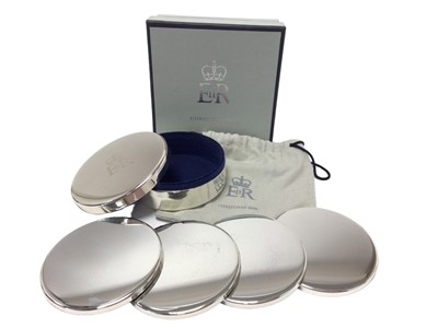 Lot 61 - H.M.Queen Elizabeth II, 2008 Royal Household Christmas gift of set silver plated coasters in plated box with engraved Royal cypher to lid, original cotton bag and outer box with Royal cypher to lid