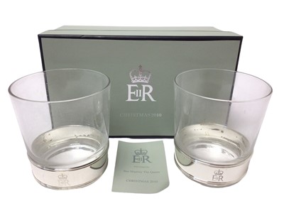 Lot 63 - H.M.Queen Elizabeth II, 2010 Royal Household Christmas present of pair glass beakers with silver plated collars engraved with the Royal cypher in original fitted box with card