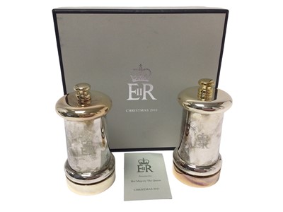Lot 64 - H.M.Queen Elizabeth II, 2011 Royal Household Christmas present of pair silver plated salt and pepper grinders with engraved crowned ERII cyphers in original box with card