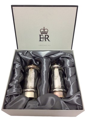 Lot 64 - H.M.Queen Elizabeth II, 2011 Royal Household Christmas present of pair silver plated salt and pepper grinders with engraved crowned ERII cyphers in original box with card