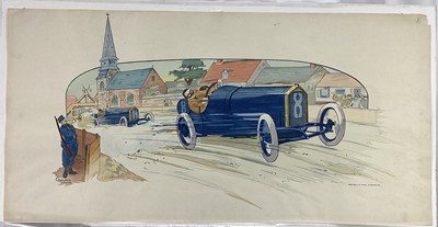 Lot 5 - Marguerite Gamy (1883-1936) coloured lithograph - G.P de France 1913, Baillot devant Goux, 45cm x 90cm, unframed