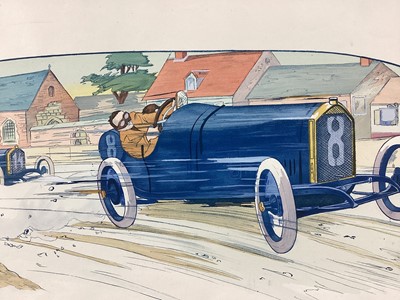 Lot 5 - Marguerite Gamy (1883-1936) coloured lithograph - G.P de France 1913, Baillot devant Goux, 45cm x 90cm, unframed