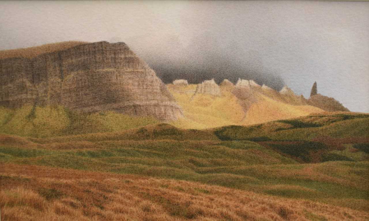 Lot 950 - *Peter Collyer (b.1952) watercolour - The Stor, Skye, in glazed gilt frame, 9cm x 14.5cm Provenance: Chris Beetles Ltd., London