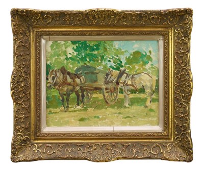 Lot 880 - *Henry Séné (1889-1961) oil on panel - Cart Horses at Rest, signed, inscribed verso, 27cm x 35cm, in gilt frame