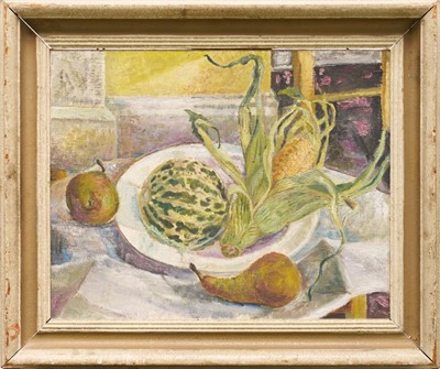 Lot 878 - English School, first half 20th century, oil on canvas - Still Life with Melon, remnants of exhibition labels verso, 41cm x 51cm, in painted frame