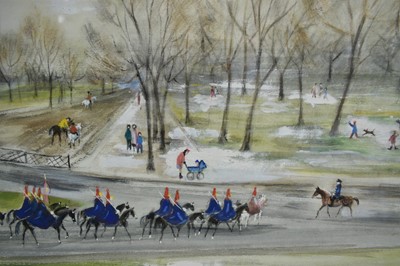 Lot 885 - *Violet Hilda Drummond (1911-2000) watercolour and gouache - 'Hyde Park Corner', signed and inscribed, 38cm x 61cm, in glazed gilt frame
