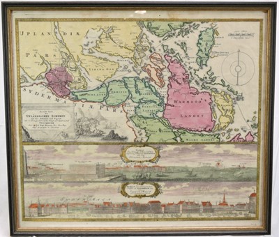 Lot 884 - Early 18th century hand coloured map, Stockholm by Homann (Johan Baptist), Accurate Carte der Uplandischen Scheren mit der Situation und Gegend, c.1720, 52cm x 59cm, in glazed frame