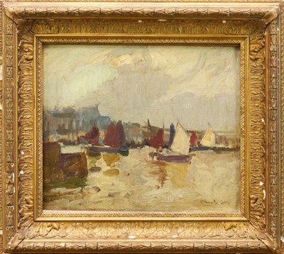 Lot 881 - French School, early 20th century, oil on board - A Harbour, indistinctly signed, 30cm x 36cm, in gilt frame