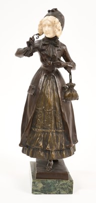 Lot 727 - Ferdinand Lugerth (1885-1915) Continental bronze and ivory figure of well dressed young woman, signed to the plinth, raised on marble base, total height 29cm