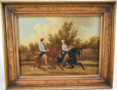 Lot 882 - Continental School, mid 19th century, oil on canvas - Two Dandies Riding in a Lane, indistinctly signed and dated, 22.5cm x 30cm, framed