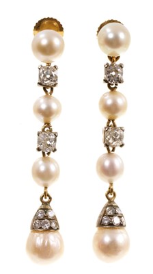 Lot 556 - Pair of diamond and cultured pearl pendant earrings, each with four cultured pearls and set with old cut diamonds, estimated total diamonds weight approximately 1.7cts. Length 55mm.