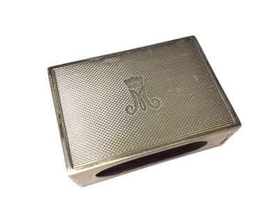 Lot 80 - H.R.H.The Princess Margaret, Countess of Snowden, silver presentation match box holder with crowned M cypher on engine turned ground ( Henry Plante, Birmingham 1969) 5.4 x 3.8 x 2cm
