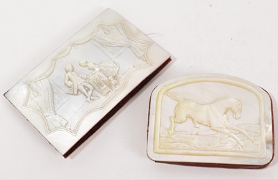 Lot 776 - 19th century carved mother of pearl mounted note book, carved with a romantic figural scene, together with a mother of pearl mounted purse carved with a horse