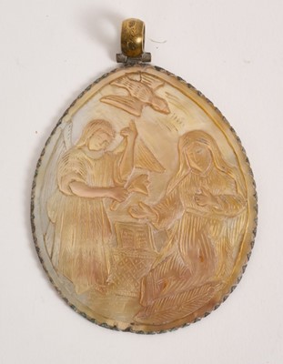 Lot 774 - 19th century relief carved mother of pearl plaque, shell form, carved with scene of the annunciation, set in Russian silver gilt, hallmarked for assayed Anatolii Apollinovich, Moscow, 10cm high