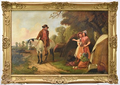 Lot 1038 - Attributed to William Shayer Jnr. (1811 - 1892) oil on canvas, A local squire on horseback on a track being accosted by gypsies, 49 x 75cm, in gilt frame