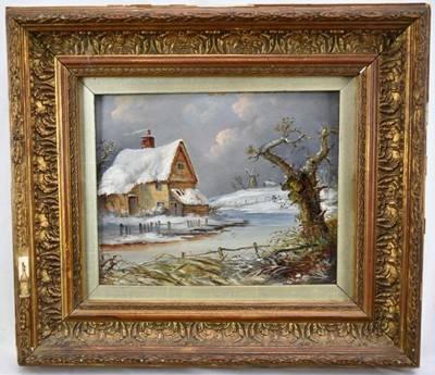 Lot 37 - Christopher Mark Maskell (1846-1933), pair of oils on board - Cottage Scenes in Summer and Winter, one signed with initials, 20 x 25cm, in gilt frames