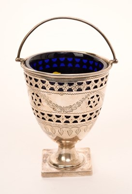 Lot 381 - Silver sugar basket and blue glass liner