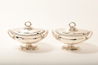 Lot 383 - Pair of George III silver twin handled, sauce tureens and covers, London 1807