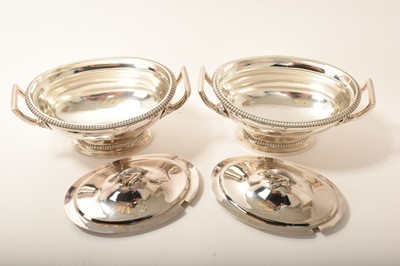 Lot 324 - Pair of good quality George III silver, twin handled, sauce tureens and covers, of oval form with gadrooned borders