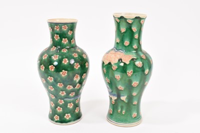 Lot 260 - Near pair of Chinese crackle glaze vases, decorated in underglaze blue with figures on a green and iron red ground, Kangxi marks but later, 18cm and 19cm high