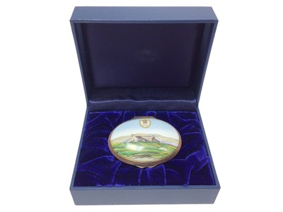 Lot 91 - H.R.H Prince Charles The Prince of Wales (now H.M.King Charles II) presentation Halcyon Days oval enamel box decorated with P.O.W feather crest, 2006 and print of a watercolour by the Prince with...