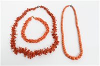 Lot 405 - Old coral bead necklace with a string of...