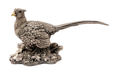 Lot 958 - Contemporary silver filled model of a pheasant among folaige, 10cm high x 19cm long