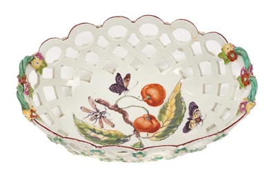 Lot 92 - Derby pierced oval basket, painted in ‘Moth Painter’ style, circa 1758