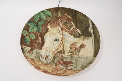 Lot 80 - Brown-Westhead, Moore and Co earthenware wall plaque, painted with two horses and birds, circa 1870, impressed mark